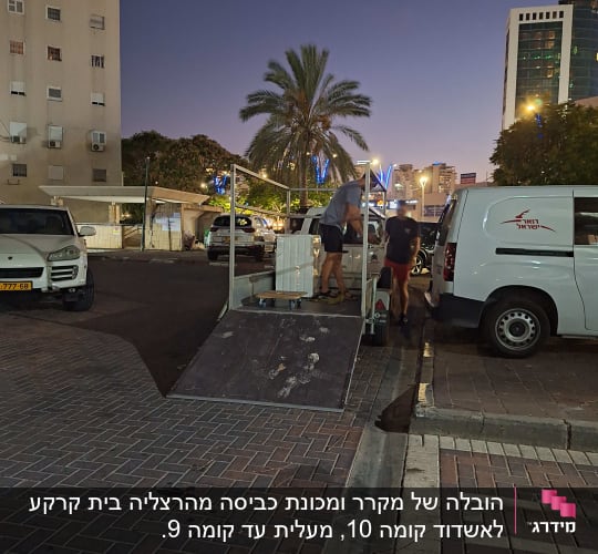 אנשים מעמיסים ציוד על רכב מסחרי בלילה